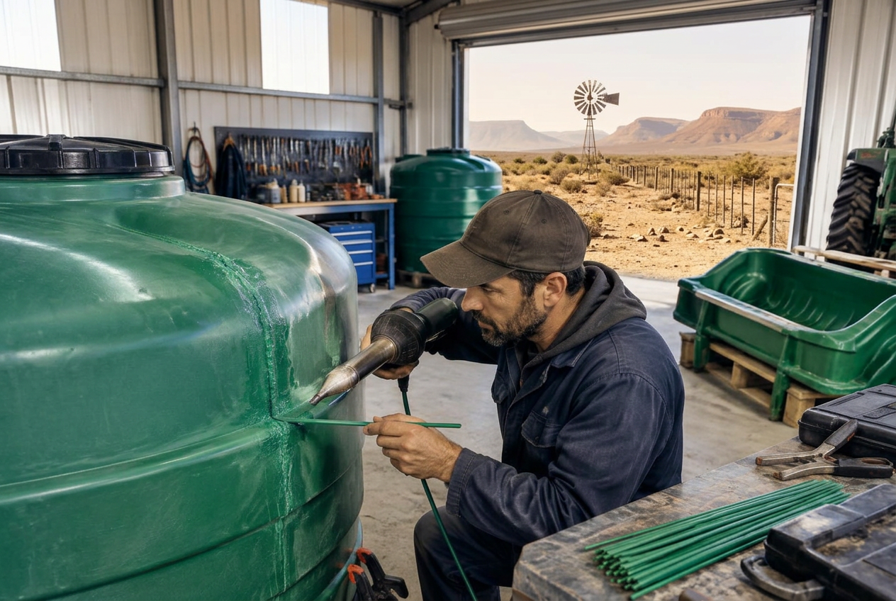 Plastic welder repairing a green water tank in a workshop